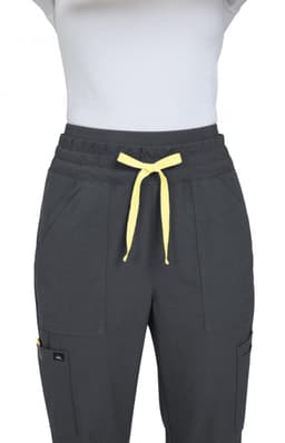 A pair of grey wide-leg pants featuring a yellow drawstring and two front pockets. The waistband is elasticated.