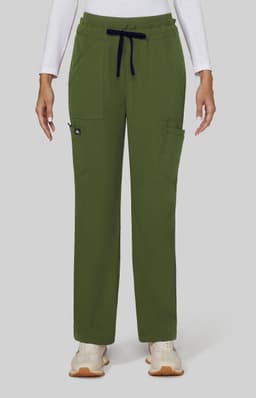 A pair of olive green wide leg pants with a drawstring waist and pockets, featuring a small logo on the side.