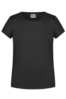 A black basic T-shirt with a round neckline and short sleeves, featuring a logo on the label.