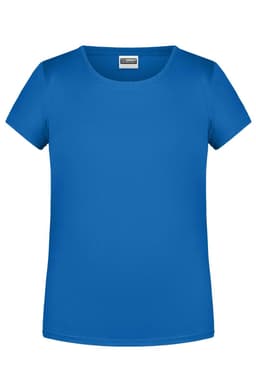A blue T-shirt with a round neckline and short sleeves. It has a logo on the front.