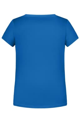 A blue short-sleeve T-shirt with a round neckline and a plain back. It features a logo.