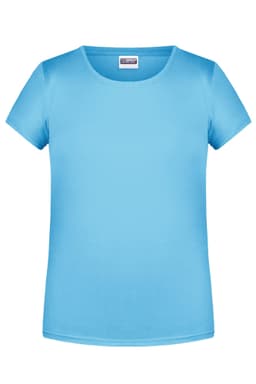 A light blue t-shirt with a round neckline and short sleeves. It features a logo on the label.