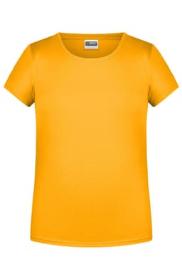 A bright yellow t-shirt with a round neckline and short sleeves. The shirt features a logo on the label.