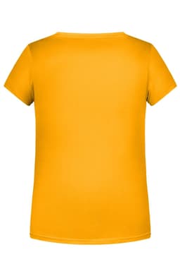 A yellow T-shirt with a classic crew neck and short sleeves. Features a smooth, plain back and has a logo.