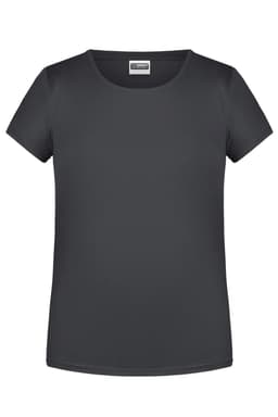 A black short-sleeved t-shirt with a round neckline and a logo on the label.