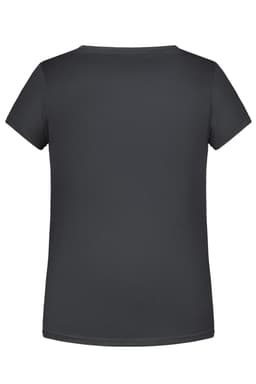 A plain grey girls' t-shirt with a crew neckline and short sleeves, featuring a logo on the back.