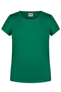 A green basic T-shirt with a round neckline and short sleeves, featuring a branding logo.