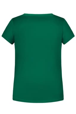 A green basic T-shirt featuring a simple crew neck and short sleeves, with a logo on the back.
