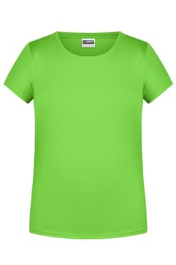 A vibrant green T-shirt with a round neckline and short sleeves, featuring a logo on the label.