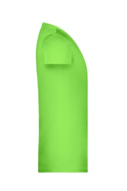 A bright green T-shirt featuring short sleeves and a rounded neckline, displaying no visible branding.