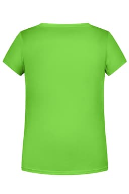 A green t-shirt with short sleeves and a plain back. It features a branding logo.