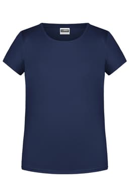 A navy blue T-shirt with a round neckline and short sleeves, featuring a logo on the label.