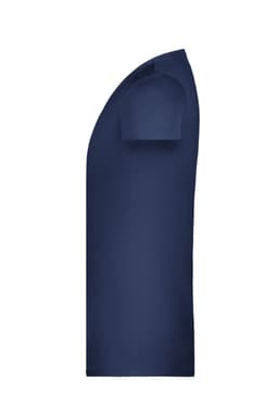 A navy blue T-shirt with short sleeves, featuring a side view and a branding logo.