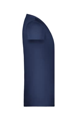 A navy blue T-shirt with a crew neck and short sleeves, featuring a logo on the side.