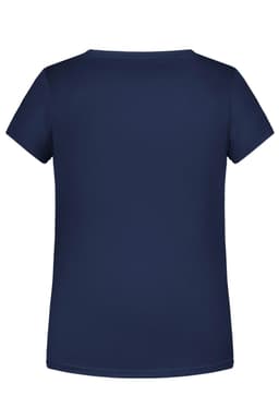 A navy blue girls' basic T-shirt with a simple round neckline and short sleeves, featuring a branding logo.