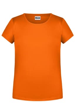 An orange basic T-shirt with a round neckline and short sleeves, featuring a logo on the label.