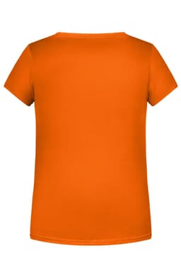 An orange girls' basic T-shirt with a classic short-sleeve design and a plain back. It features a logo.
