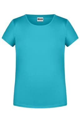 A teal basic t-shirt with a round neckline and short sleeves, featuring a logo on the label.