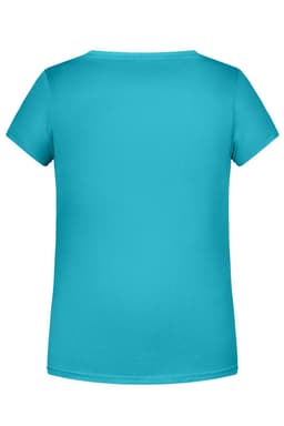 A teal basic T-shirt with short sleeves and a round neckline, featuring a branding logo.