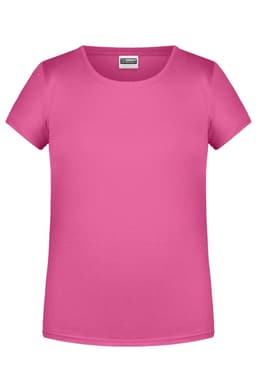 A plain pink t-shirt with a round neckline and short sleeves. It features a branding logo on the label.