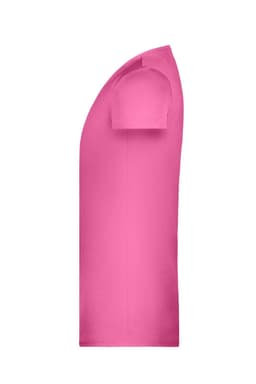 A pink T-shirt with short sleeves, featuring a design element on the side. It has a branding logo.