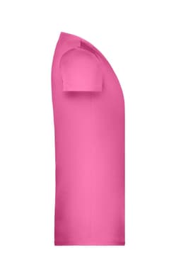 A pink basic T-shirt featuring a crew neckline and short sleeves. The shirt has one logo on it.