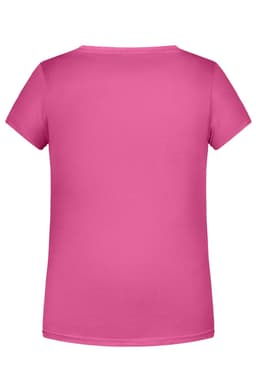 A pink short-sleeve T-shirt with a plain back and a logo.