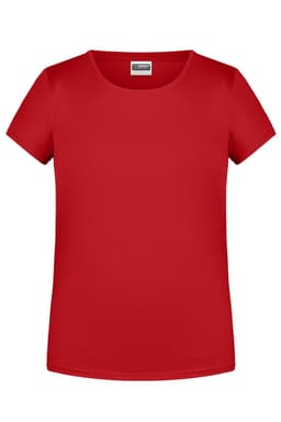 A red T-shirt for girls with a round neckline and short sleeves, featuring a logo.