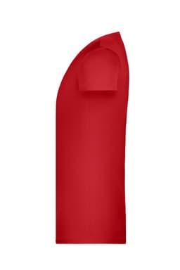 A red basic t-shirt with a simple design and short sleeves, featuring a logo on one side.