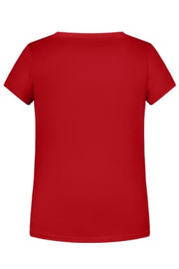 A red T-shirt with a standard cut and short sleeves, featuring a plain back. It includes a branding logo.