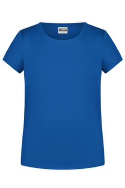A blue basic t-shirt for girls with a crew neck and short sleeves. It features a branding logo.