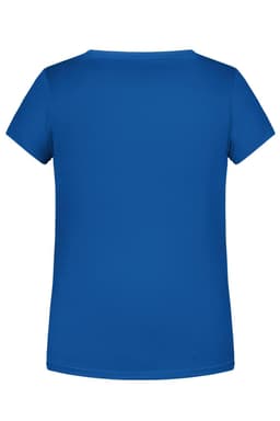 A blue T-shirt with short sleeves and a rounded neckline, featuring a plain back design.