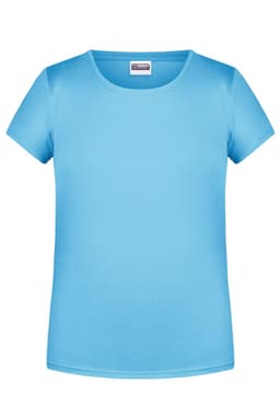 A blue T-shirt with short sleeves and a round neckline. It includes a logo on the label.