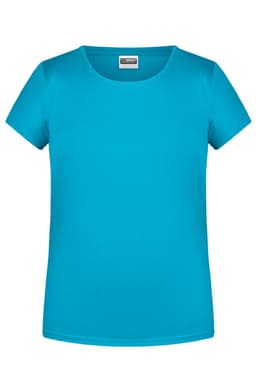 A bright aqua blue short-sleeve T-shirt with a round neckline and a simple design. Features a logo on the label.