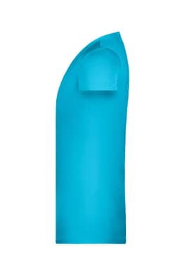A bright turquoise T-shirt with short sleeves and a smooth texture, featuring a logo on the side.