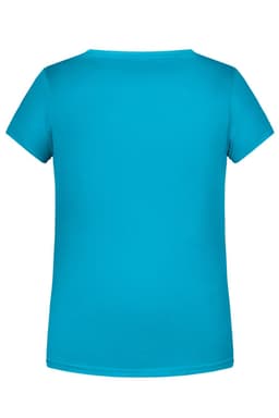 A bright turquoise girls' T-shirt with a classic crew neckline and short sleeves, featuring a logo on the back.