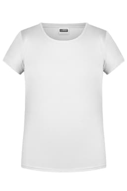 A plain white T-shirt with short sleeves and a round neckline. It features a logo on the inside label.