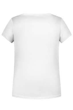 A plain white T-shirt with short sleeves and a simple design, featuring a logo on the back.