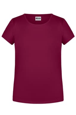 A burgundy women's t-shirt with a round neck and short sleeves. The shirt features a logo.
