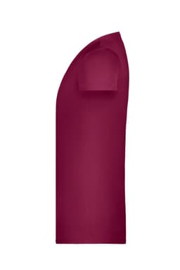 A side view of a maroon girls' basic T-shirt. The shirt features short sleeves and has a logo.