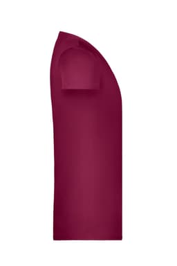 A maroon T-shirt with short sleeves displayed from the side. The shirt has a simple design and features a logo.