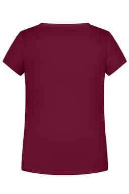 A burgundy T-shirt with a classic crew neck and short sleeves. The back view features a plain design with a logo.