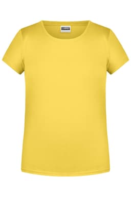 A yellow basic T-shirt with a round neckline and short sleeves. It features a logo on the label.