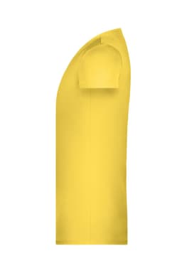 A yellow T-shirt shown from the side, featuring a short sleeve design and a simple shape. It has a logo on it.