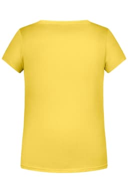 A yellow basic t-shirt with short sleeves and a round neckline, featuring a logo on the back.