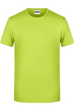 A bright lime green men's t-shirt with a round neck and short sleeves. It features a logo on the label.