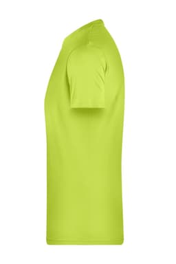 A side view of a bright lime green men's t-shirt with a simple design and no visible logo.