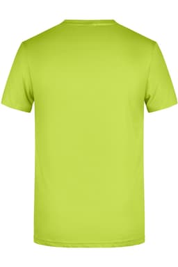 A lime green T-shirt with a plain back, featuring a logo on the neck area.