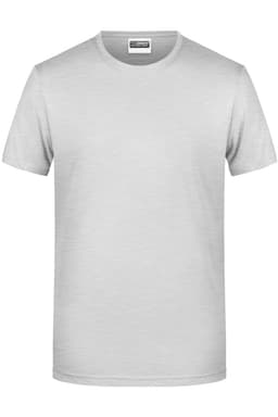 A plain grey short-sleeve t-shirt featuring a round neckline and a logo.