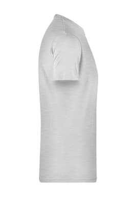 A grey men's basic T-shirt displayed from the side, featuring short sleeves and a simple design.